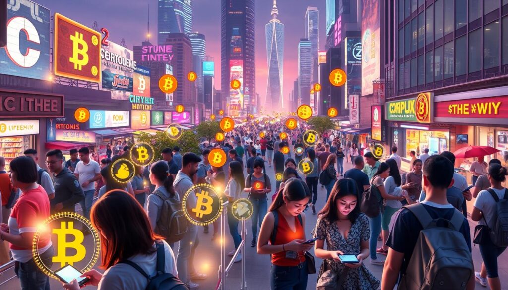 A futuristic cityscape illuminated by digital transaction interfaces, with vibrant holographic currencies flowing through the air, interconnected networks represented by glowing lines, and people engaging with mobile devices in a seamless digital marketplace, all set against a backdrop of modern architecture and advanced technology.